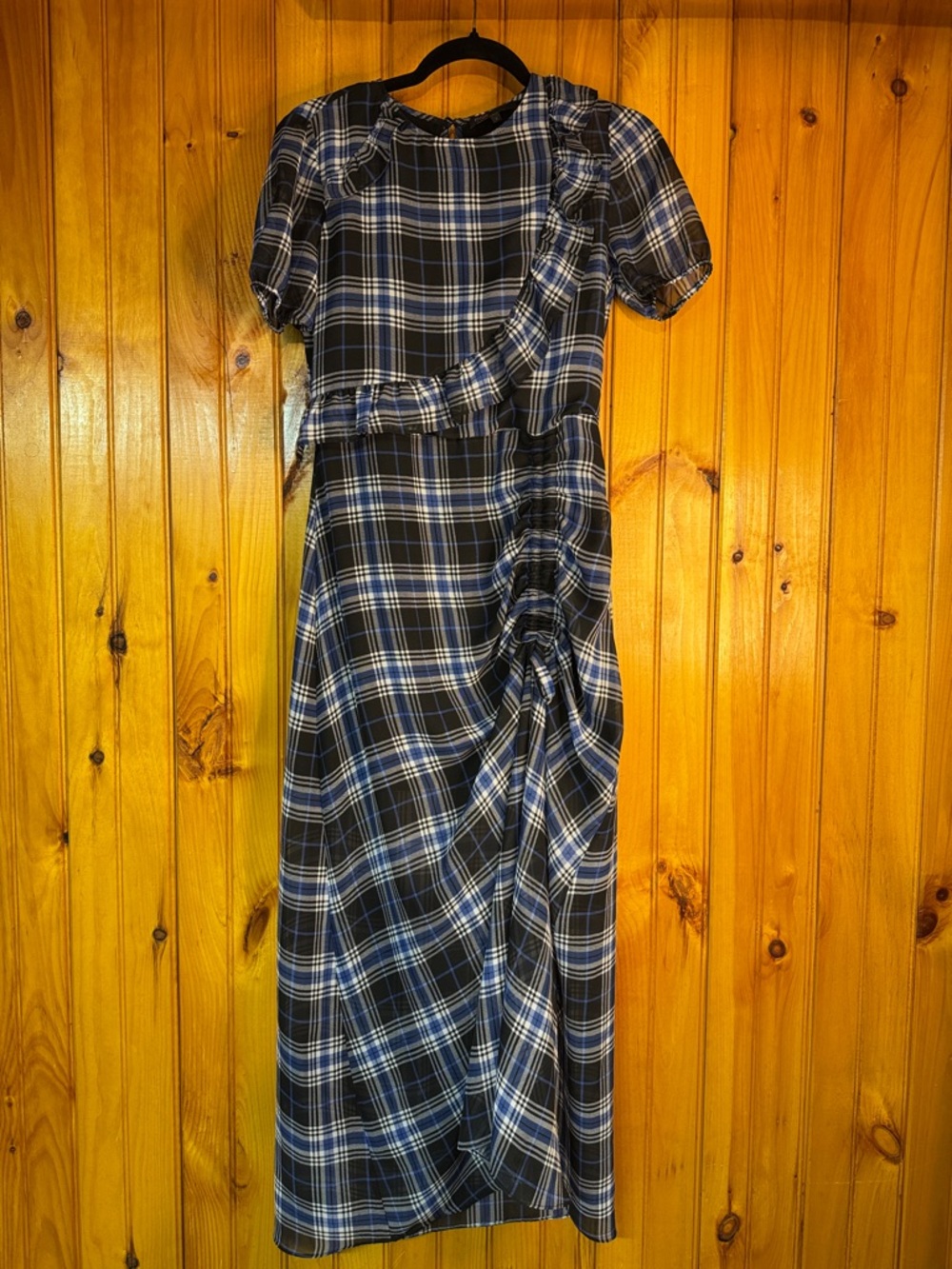 Maje Blue and Black Plaid Maxi Dress with Ruched Detail